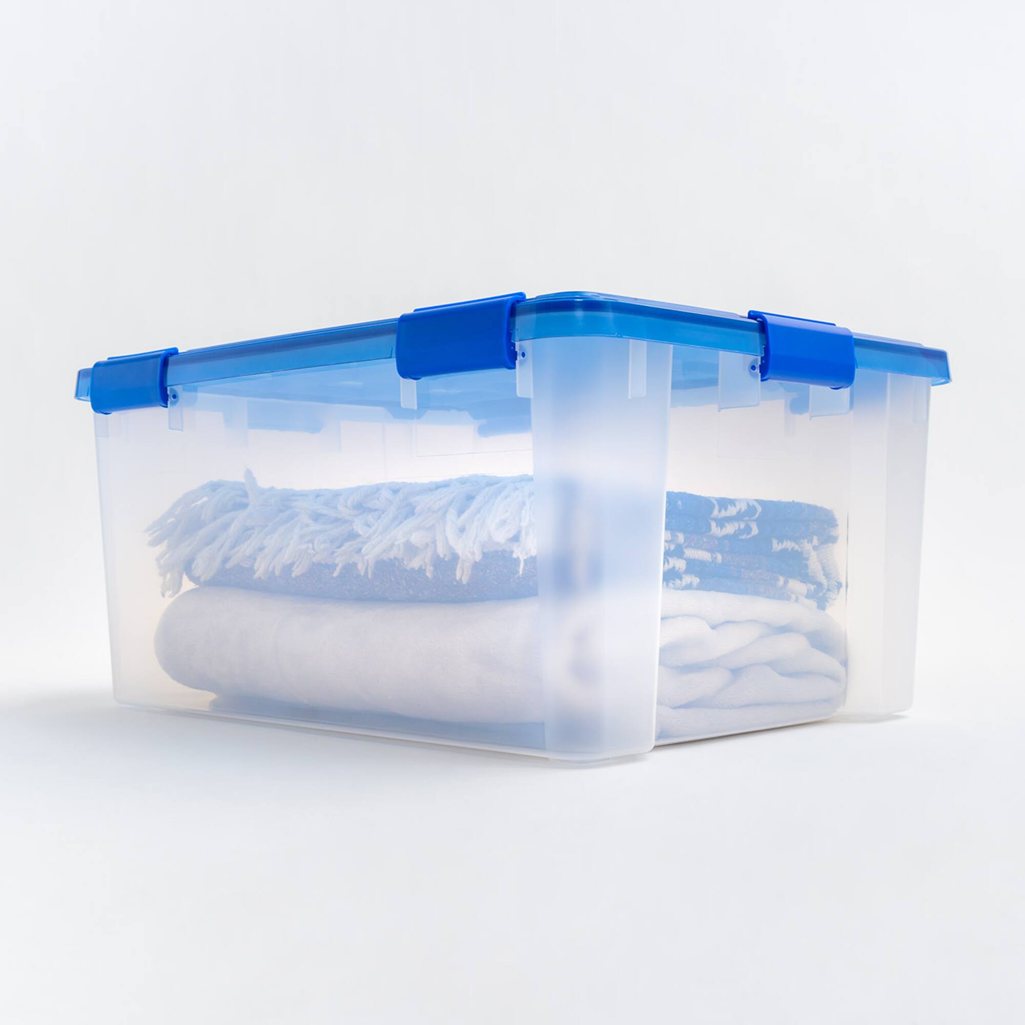 IRIS 15gal. Clear Plastic Storage Boxes with Blue Lid, 4ct.